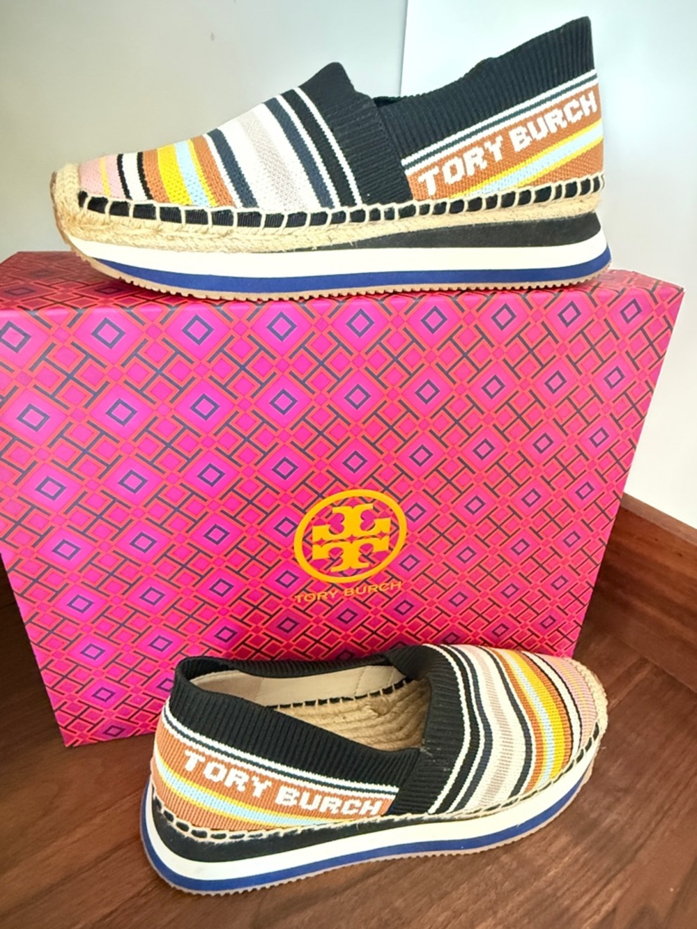 Tory Burch Black Multi Striped Knit Espadrille Slip-On